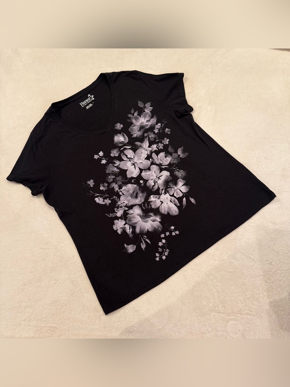 Hanes Black V-Neck Tee with White purple Floral Print